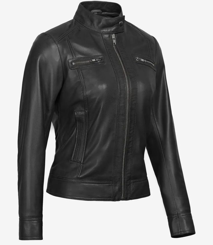 Womens Black Cafe Racer Leather Jacket - Image 3