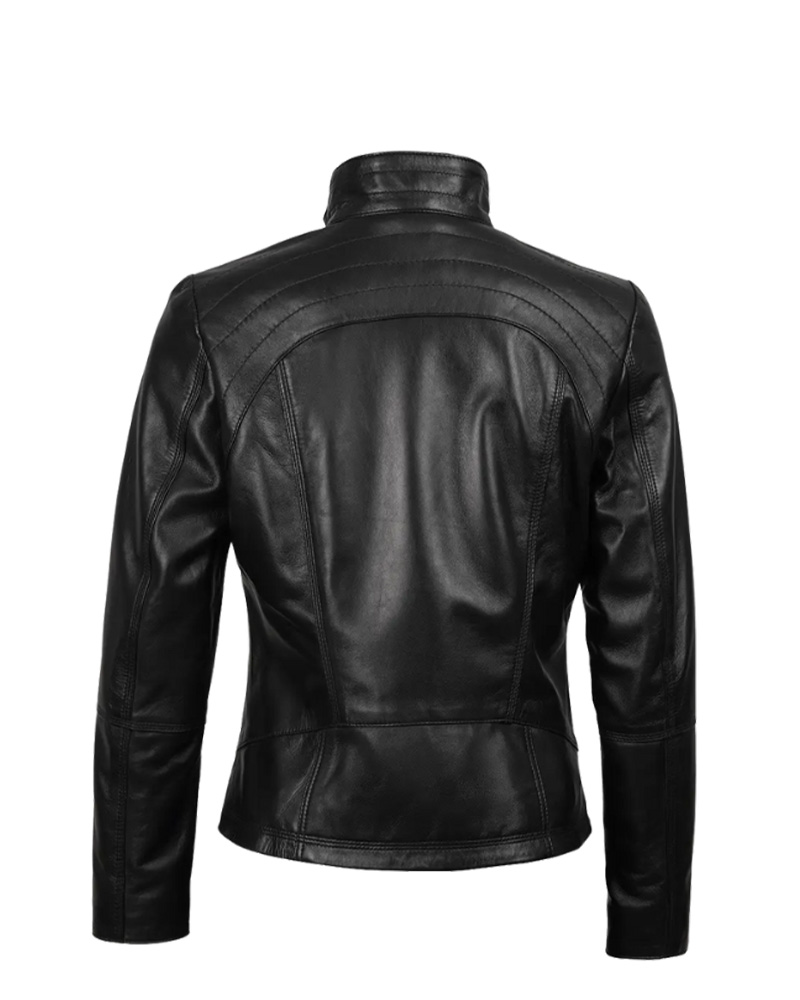 Women's Black Leather Cafe Racer Jacket - Image 5