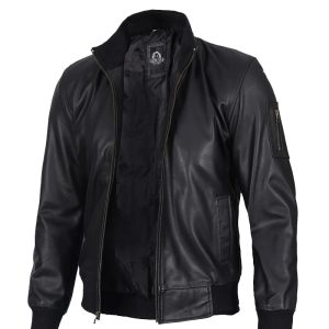 Men's Black Leather Bomber Jacket