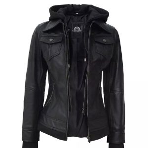 Alternative view of Women’s Black Leather Bomber Jacket with Removable Hood