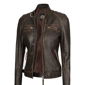 Women's Quilted Distressed Brown Leather Jacket