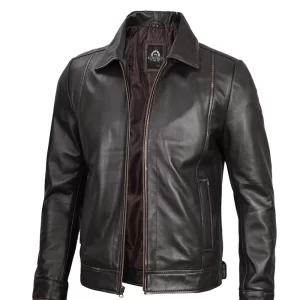 Mens Shirt Collar Classic Distressed Brown Leather Jacket