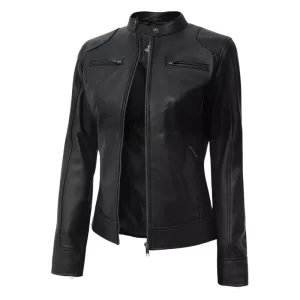 Women’s Petite Black Lambskin Moto Leather Jacket