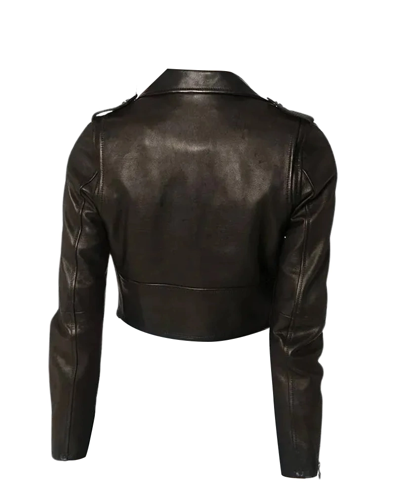 Women’s Black Lambskin Biker Leather Jacket - Image 2