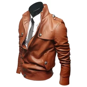Alternative view of Men's Slim Fit Tan Brown Leather Biker Jacket
