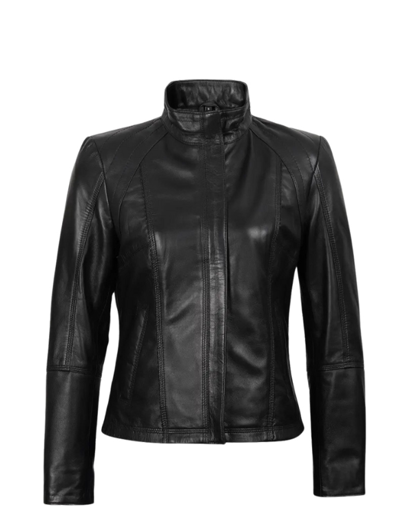 Women's Black Leather Cafe Racer Jacket - Image 3