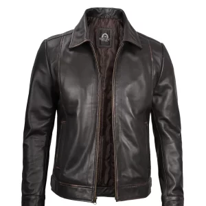 Alternative view of Mens Shirt Collar Classic Distressed Brown Leather Jacket