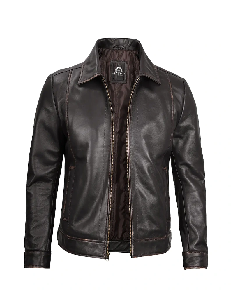 Mens Shirt Collar Classic Distressed Brown Leather Jacket - Image 2