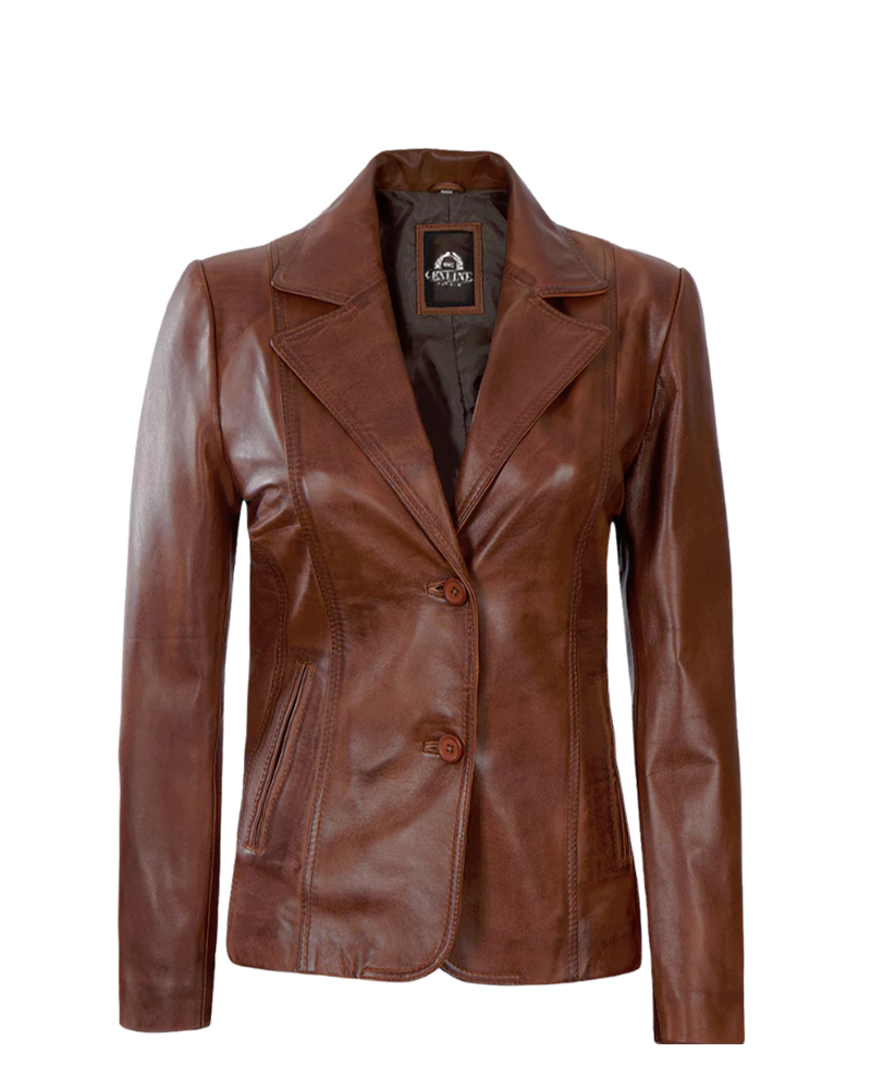 Women's Notch Lapel Brown Leather Coat - Image 3
