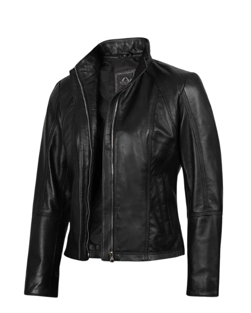 Women's Black Leather Cafe Racer Jacket - Image 4