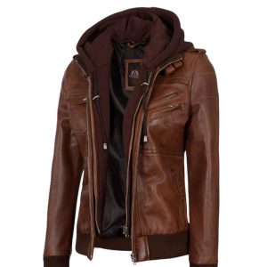 Womens Leather Bomber Jacket With Removable Hood