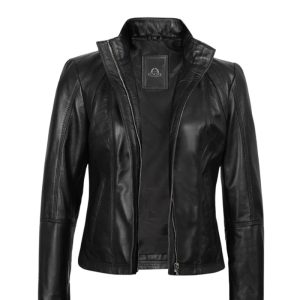 Women's Black Leather Cafe Racer Jacket
