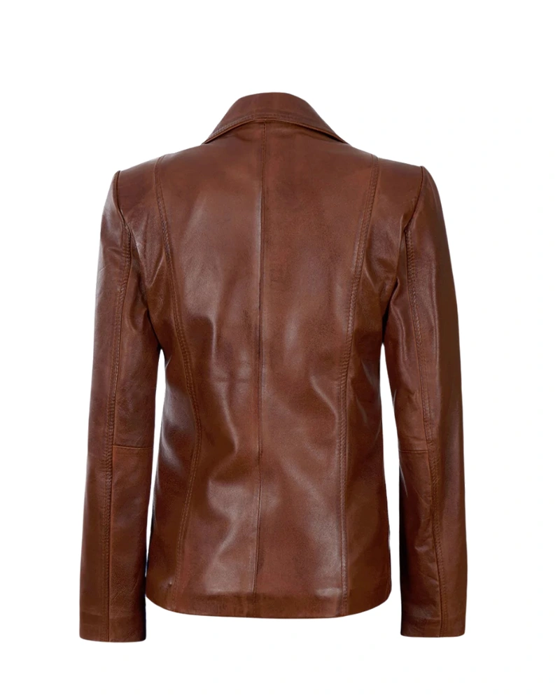 Women's Notch Lapel Brown Leather Coat - Image 5