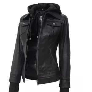 Women’s Black Leather Bomber Jacket with Removable Hood