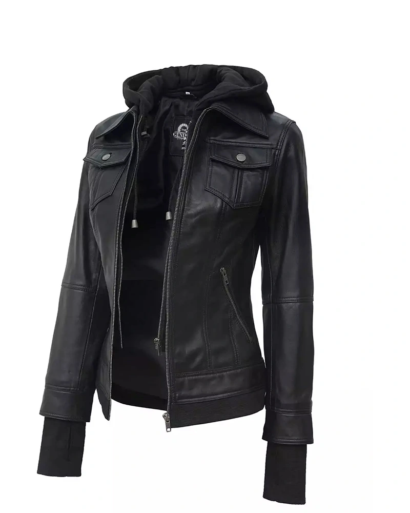 Women’s Black Leather Bomber Jacket with Removable Hood