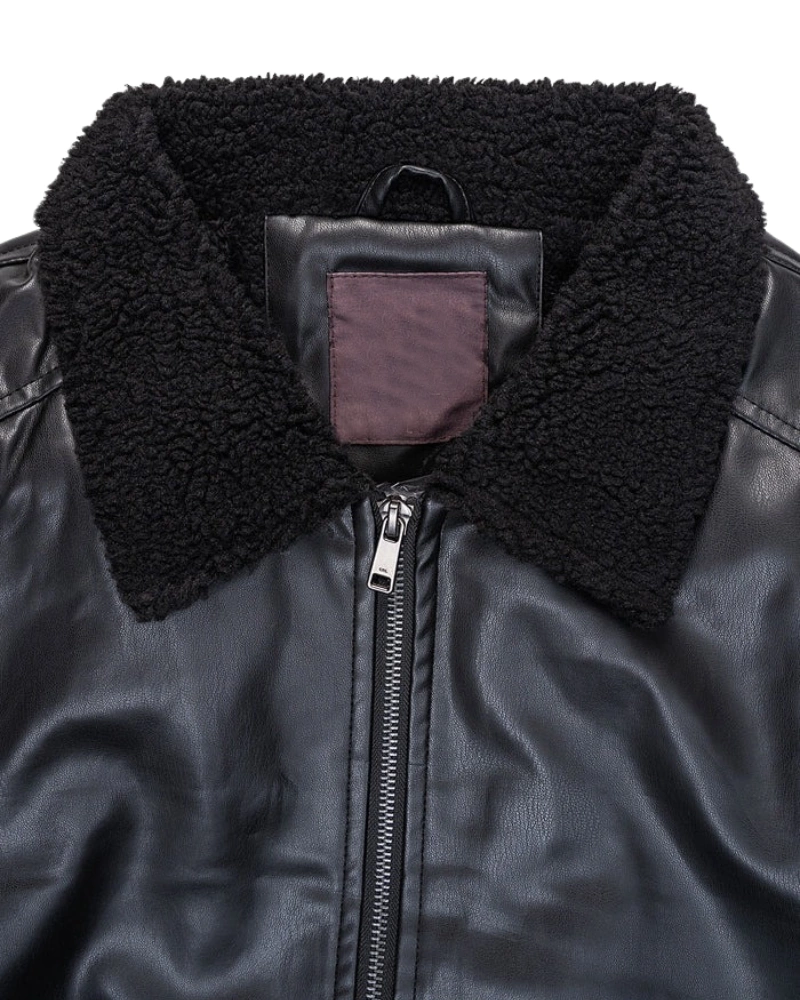 FUR Collar with Black Leather Bomber Jacket - Image 2