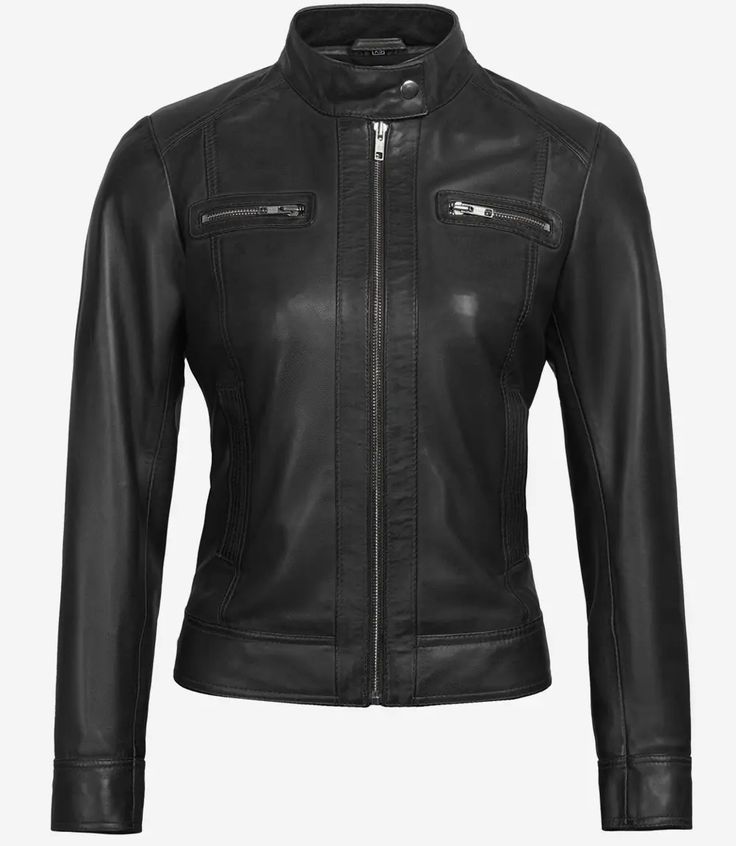 Womens Black Cafe Racer Leather Jacket - Image 4