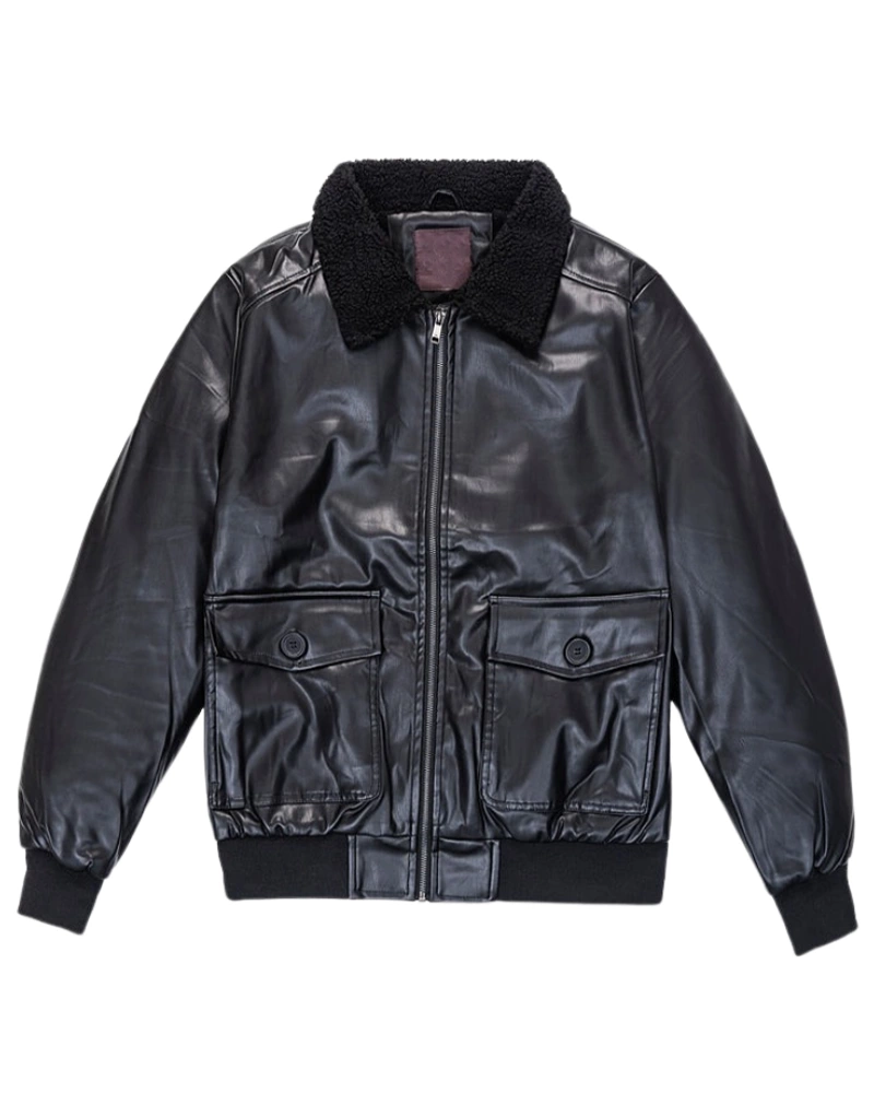 FUR Collar with Black Leather Bomber Jacket