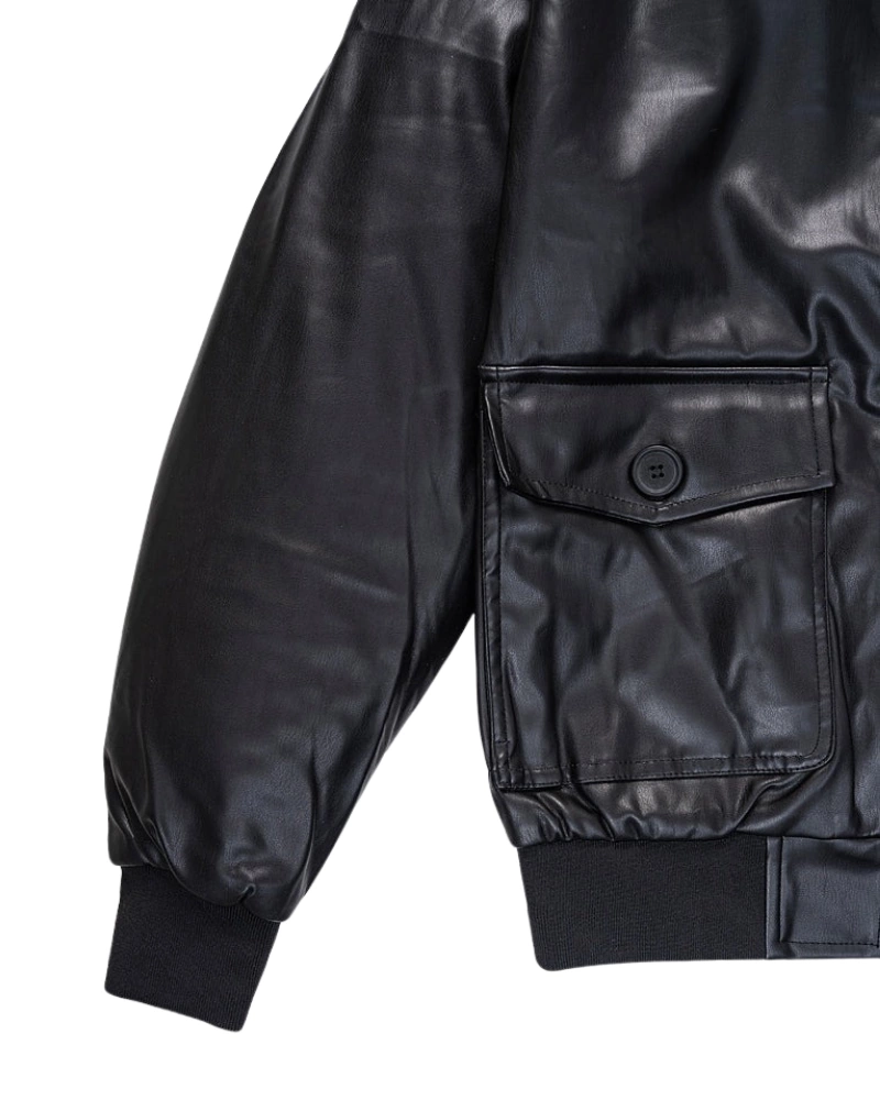 FUR Collar with Black Leather Bomber Jacket - Image 3