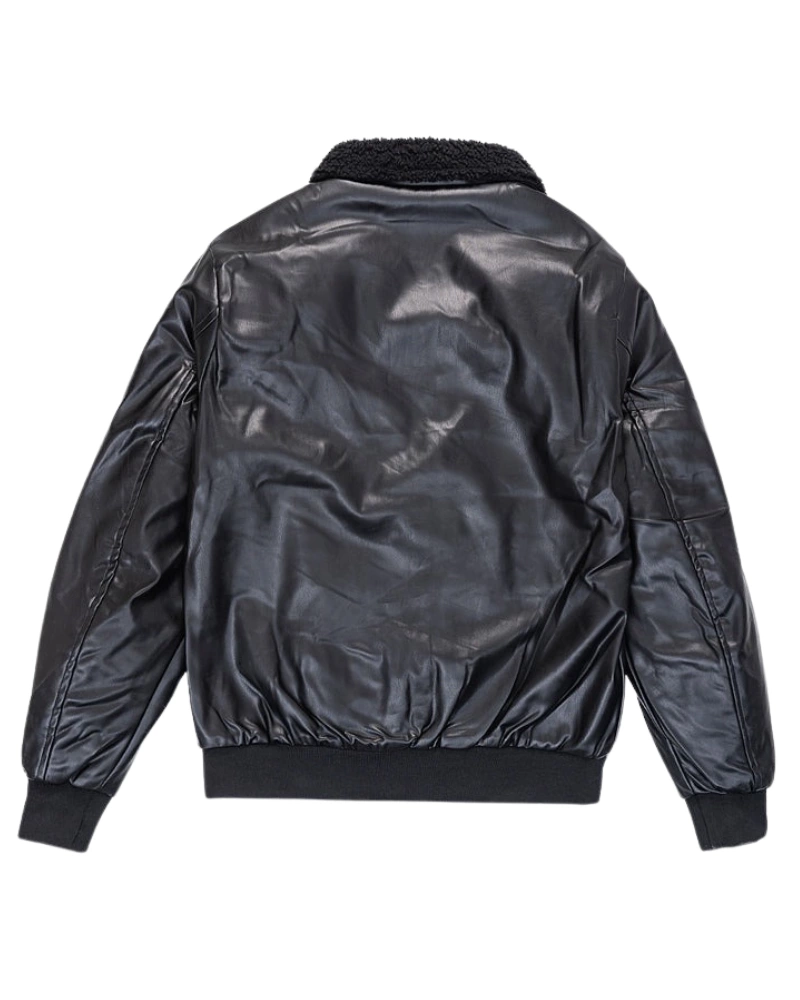 FUR Collar with Black Leather Bomber Jacket - Image 4