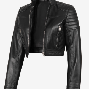 Black Cropped Biker Style Leather Jacket for Women