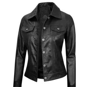 Alternative view of Women Black Leather Trucker Jacket