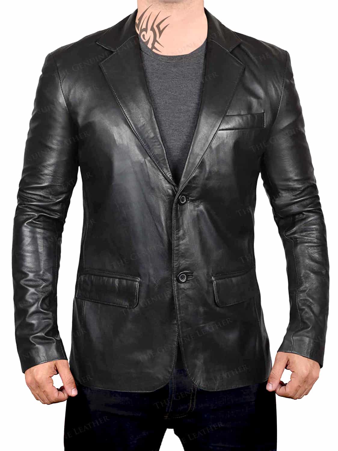 Men Distressed Leather Blazer - Image 2