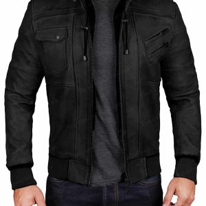 Alternative view of Men Bomber Hood Removable Leather Jacket
