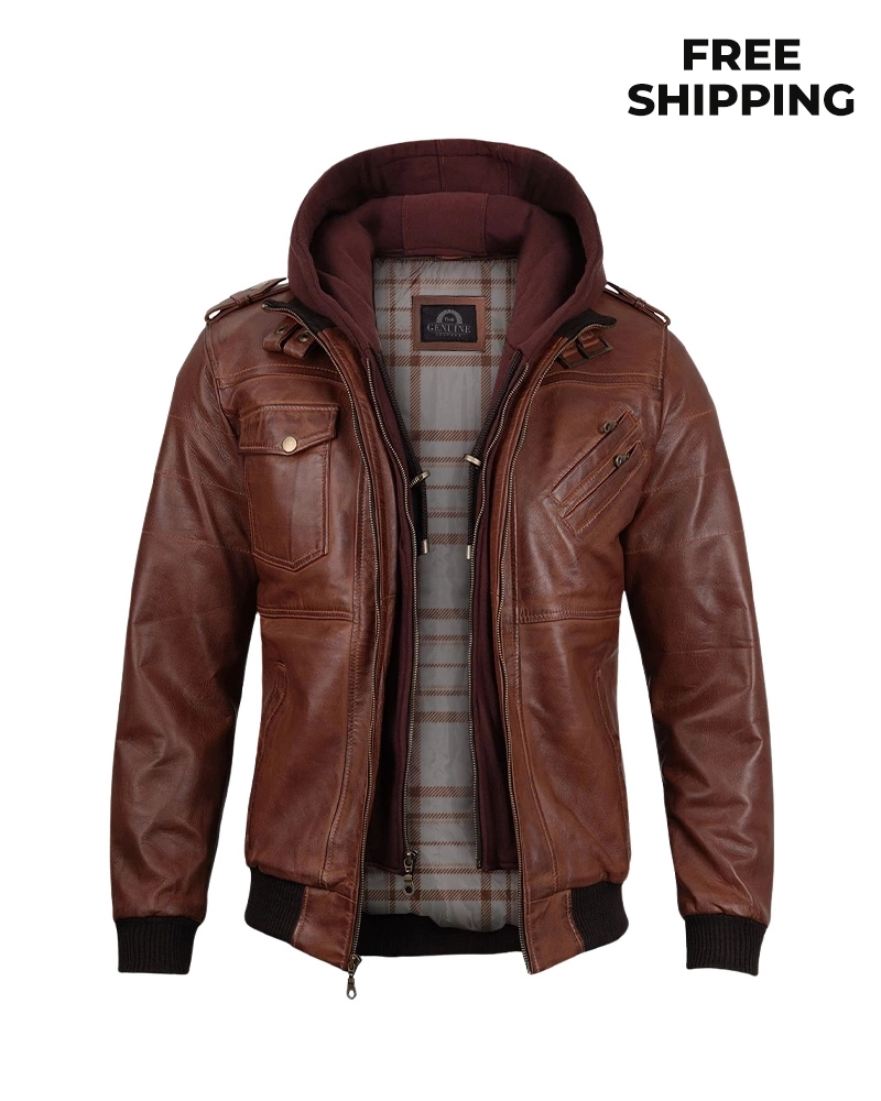 Mens Brown Hooded Stylish Bomber Leather Jacket - Image 3