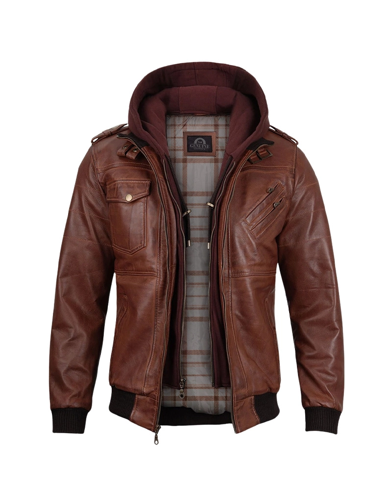 Mens Brown Hooded Stylish Bomber Leather Jacket