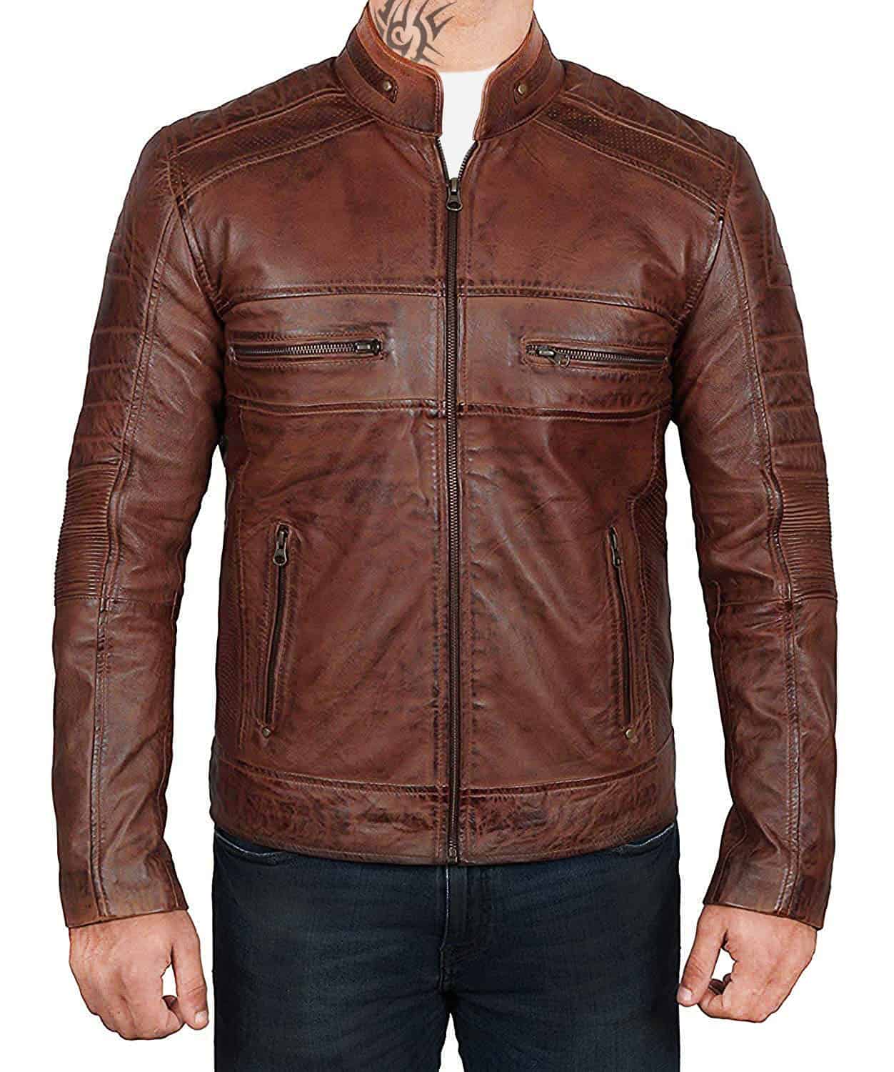 Men Brown Distressed Biker Jacket - Image 3
