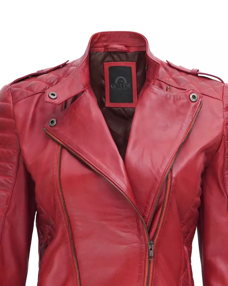 Women Burnt Red Biker Leather Jacket - Image 4