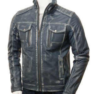 Alternative view of Mens Cafe Racer Blue Waxed Leather Jacket