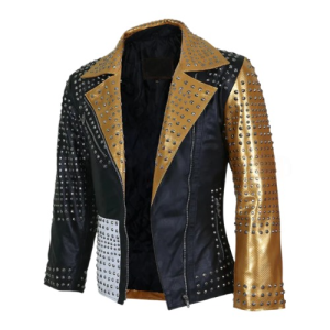 Alternative view of Women's Black And Gold Cone Spikes Leather Jacket