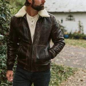 Distressed Brown Maverick Shearling Leather Bomber Jacket