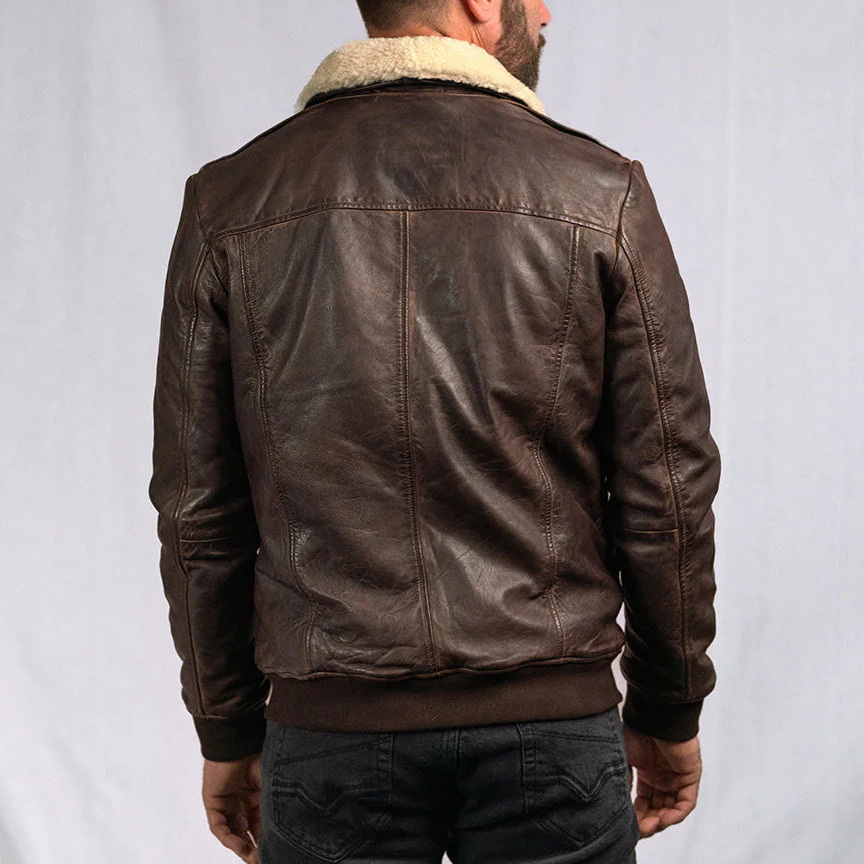 Distressed Brown Maverick Shearling Leather Bomber Jacket