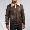 Distressed Brown Maverick Shearling Leather Bomber Jacket
