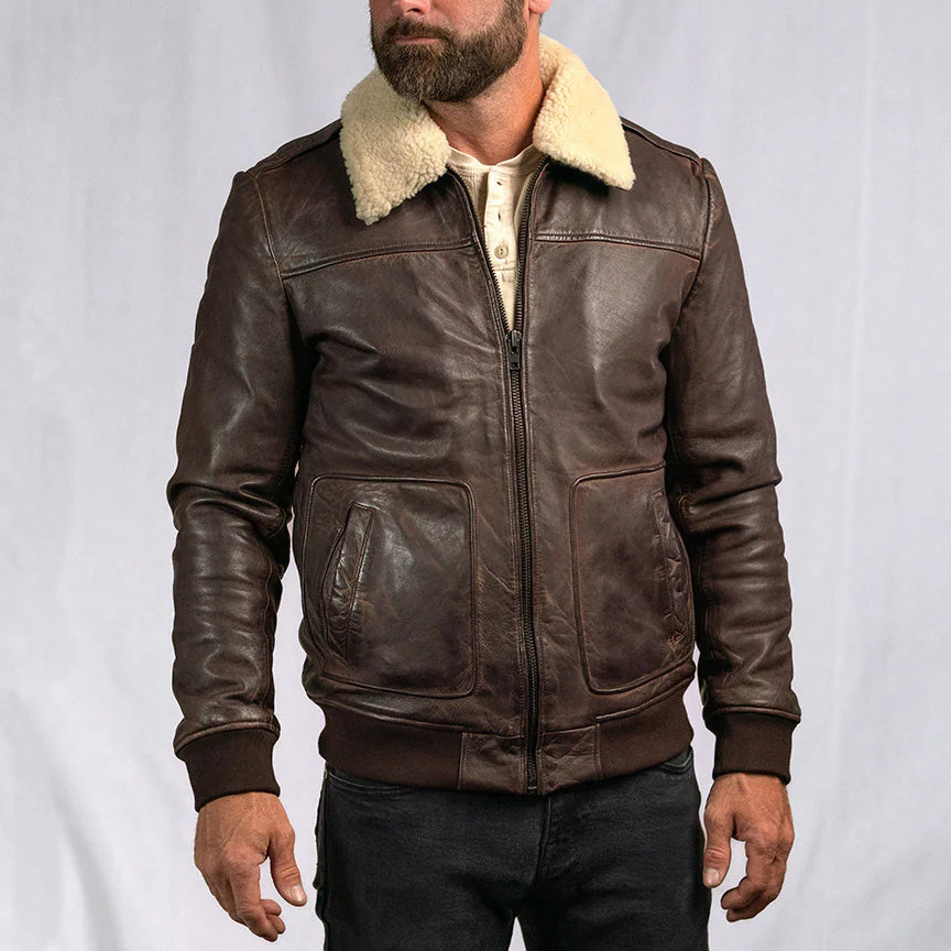 Distressed Brown Maverick Shearling Leather Bomber Jacket