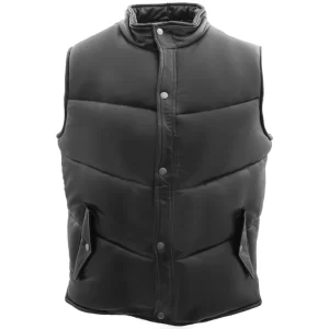 Mens Puffer Black Real Leather Vest