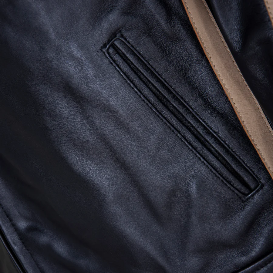 Men's Black Lambskin Style Racer Jacket - Image 4