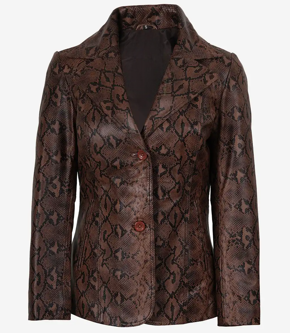 Kathryn Womens Snake Pattern Brown Leather Blazer - Image 4