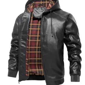 Men Black Bomber Style Hooded Leather Jacket
