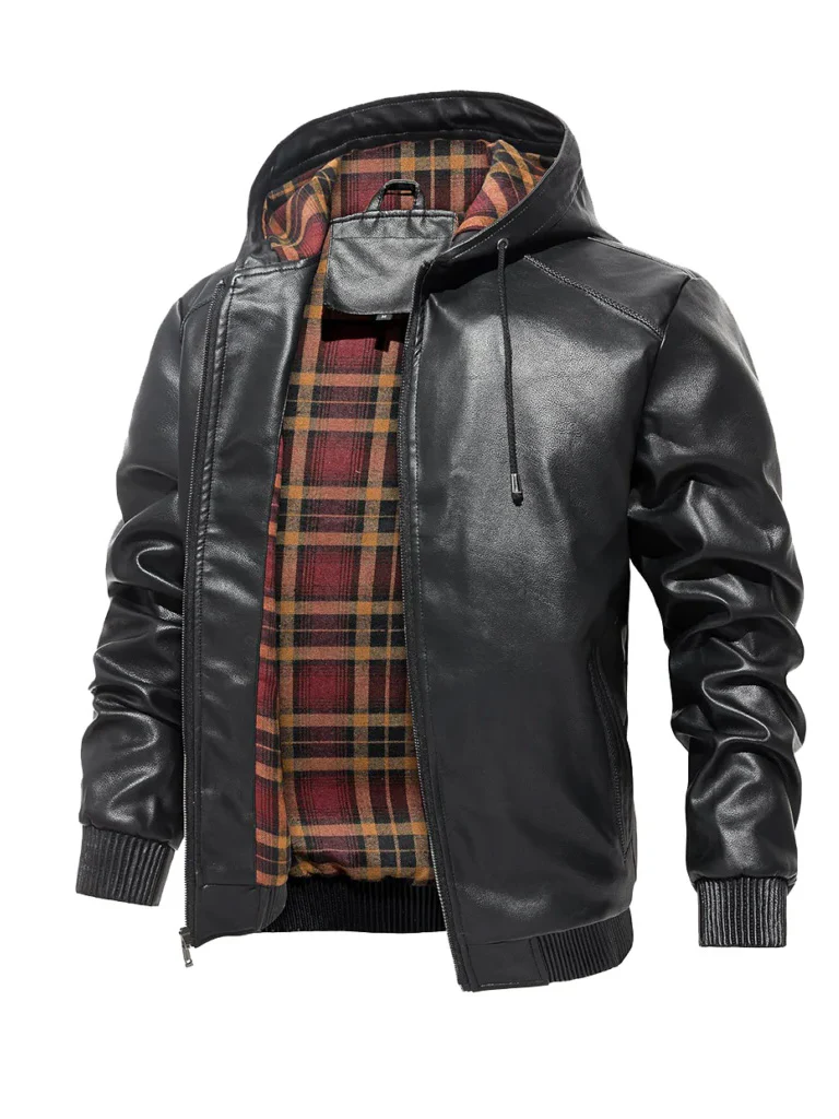 Men Black Bomber Style Hooded Leather Jacket