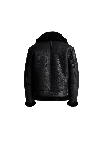 Mens Black Shearling Fur Bomber Jacket - Image 2