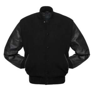 Men Black Wool & Black Leather Varsity Jacket