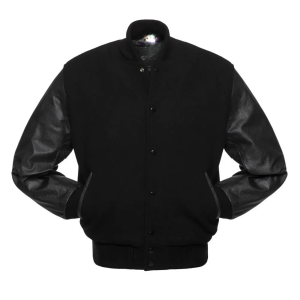 Men Black Wool Leather Sleeves Varsity Jacket