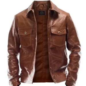 Men Brown Leather Trucker Jacket
