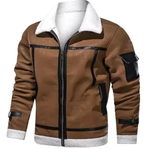 Alternative view of Men's Brown White Shearling Leather Jacket
