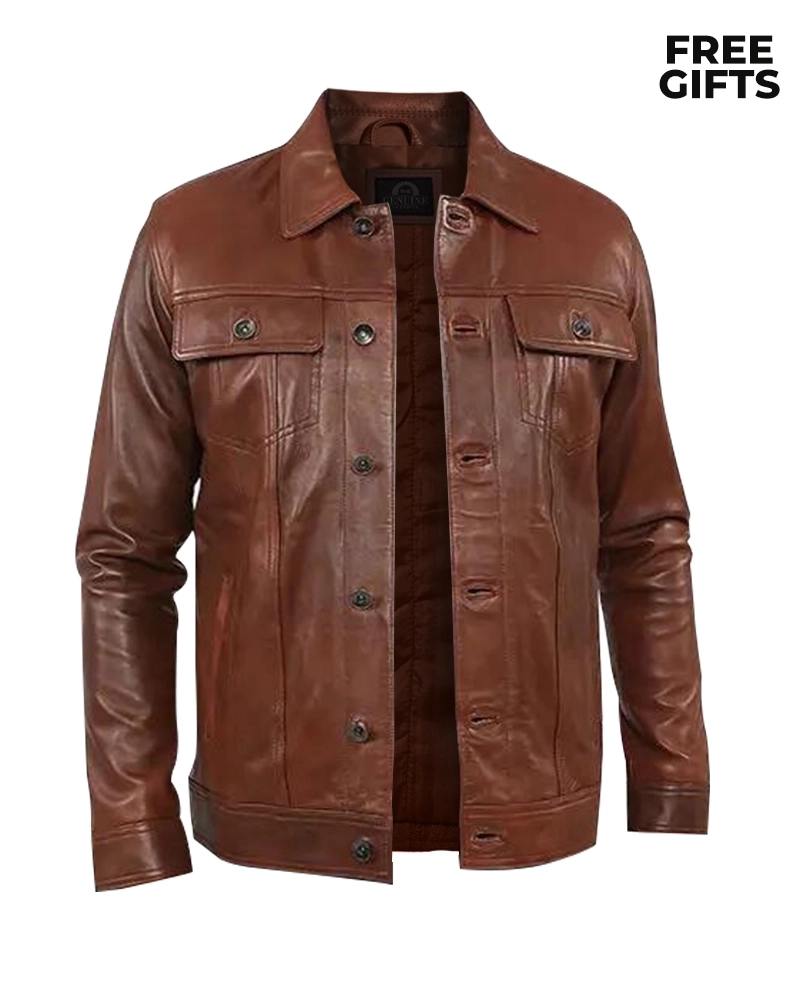 Mens Brown Shiny Stylish Collar Style Leather Jacket - Image 3