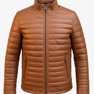 Men Classic Camel Leather Puffer Jacket